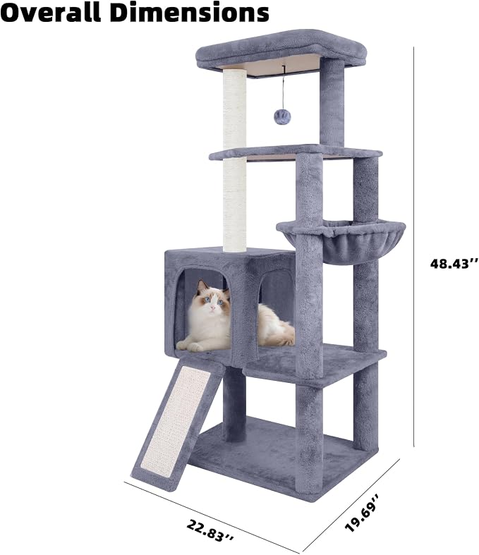 TWDEPART 55" All-in-One Cat Tree Tower with Scratching Board & Posts Cozy Sleeping Perch Hammock and Toy Balls,Grey - Image 2