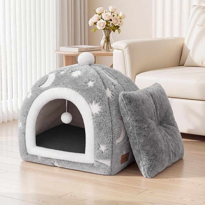 Glow in the Dark Cat Cave Bed, 2-in-1 Foldable Indoor Cat Tent Cat House | 17.3"x17.3"x18"Luminous Starry Cave with Removable Washable Cushion,Hanging Toy Ball,Non-Slip Bottom Mat for Cats Small Dogs - Image 6