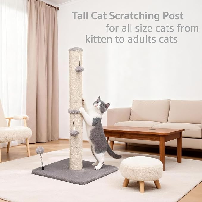 MECOOL 34“ Tall Cat Scratching Post Premium Basics Kitten Scratcher Sisal Scratch Posts Trees with Hanging Ball for Indoor Cats, Gray - Image 6