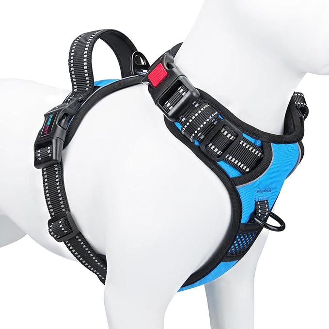 Reflective Dog Harness Large Breed Adjustable No Pull Vest | with Handle 2 Metal Rings 3 Buckles [Easy to Put on & Take off](L, Blue) by PHOEPET