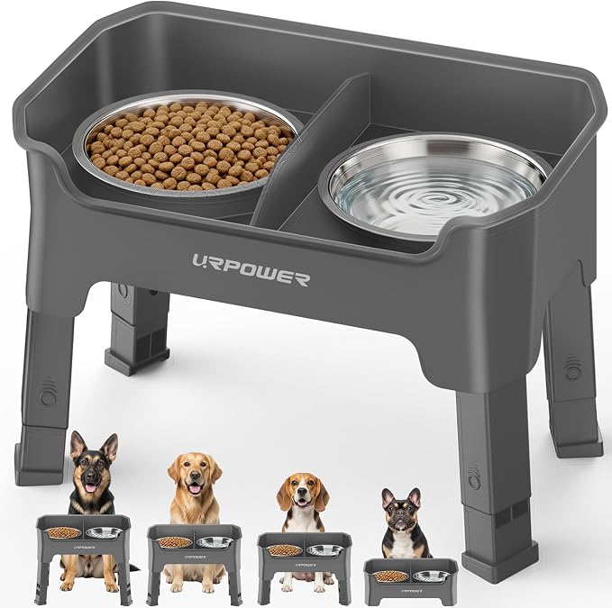 URPOWER Mess Proof Elevated Dog Bowls, Splash Guard Raised Bowl Stand | 4 Adjustable Heights, 2 Stainless Steel Bowls, Food & Water Separation, Foldable Design Non-Slip for Small Medium Large Dogs by URPOWER
