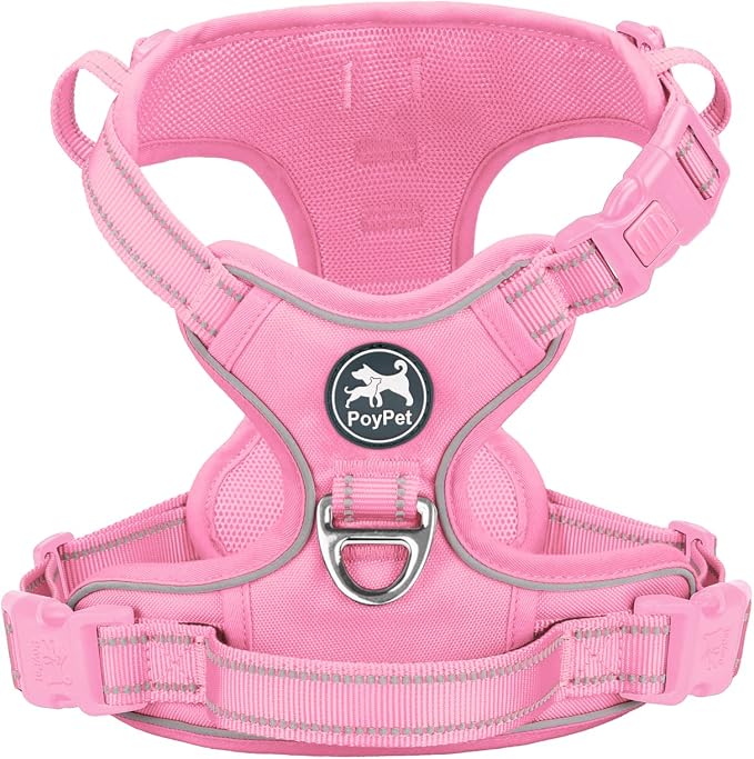 PoyPet No Pull Dog Harness, Reflective Vest with 2 Leash Clips & Handle | Lockable Neck Release Buckle, No Choke, Adjustable, Soft Padded, for Walking Training, Light Pink Matching Trim, Small by PoyPet