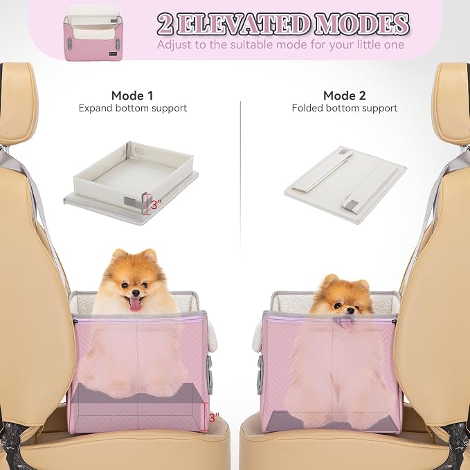 PETSFIT Dog Car Seats for Small Dogs, Portable Puppy Car Saet for Car with Clip-On Leash, Adjustable Straps Suitable for Small Pets Up to 25lbs (Light Pink) - Image 4