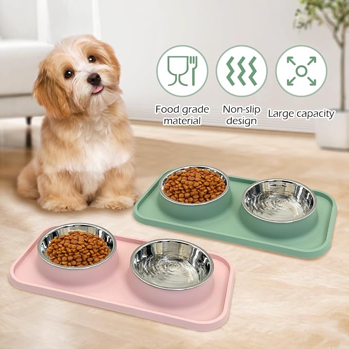 BNOSDM 2 Pcs Double Dog Food Bowls, Stainless Steel Small Dog Food and Water Bowls with Non-Spill Plastic Mat, Pet Cat Feeder Dish Set for Puppy Cats Kitten, Pink and Green - Image 5