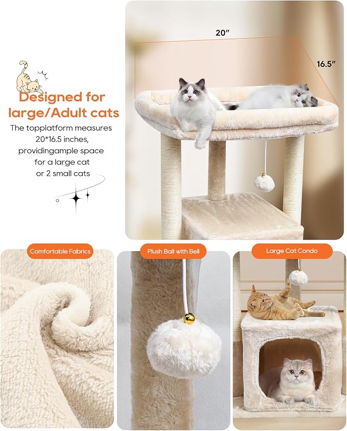 SYANDLVY 27" Cat Tree for Indoor Cats, Activity Tower with Scratching Posts | Modern Kitten Condo with Plush Perch & Hanging Ball for Play, Beige - Image 4