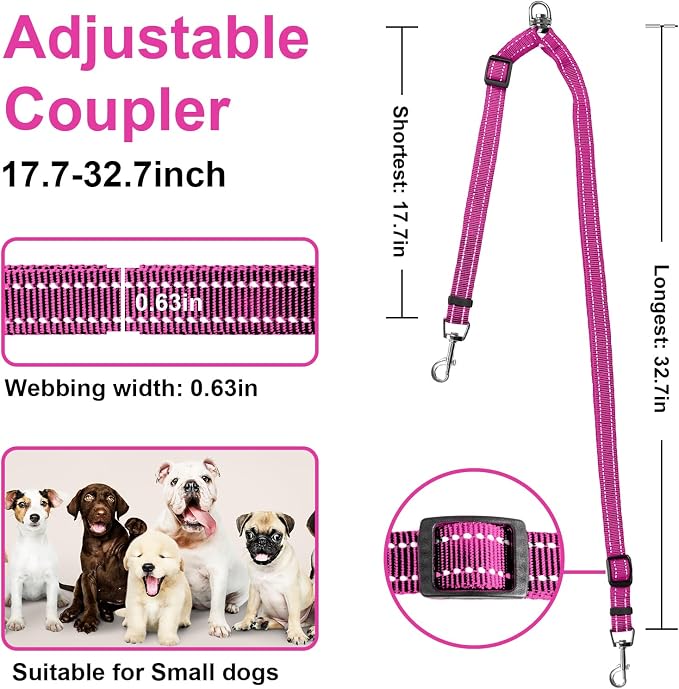 MingXpet Double Dog Leash for Two Dogs, No Pull Dog Leash, 360° Swivel No Tangle for Small Dogs Walking & Training, Shock Absorbing Reflective Bungee, Rose - Image 2