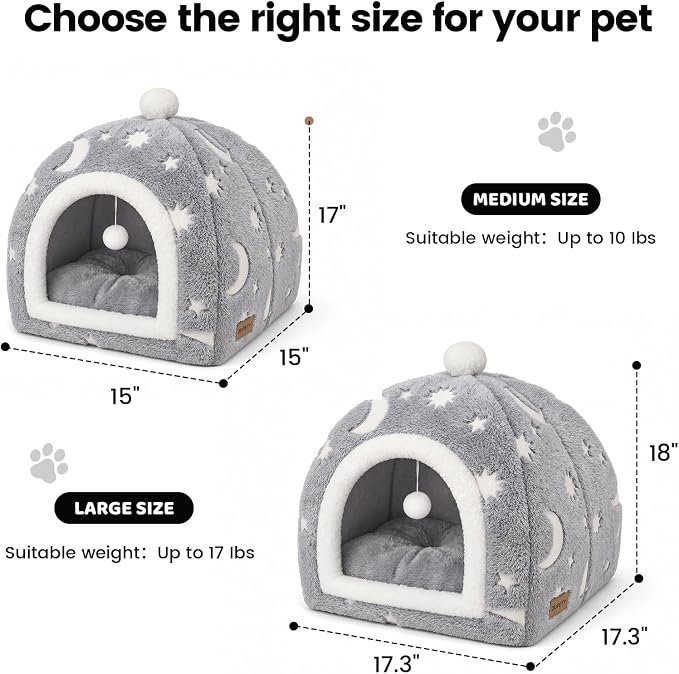 Glow in the Dark Cat Cave Bed, 2-in-1 Foldable Indoor Cat Tent Cat House | 17.3"x17.3"x18"Luminous Starry Cave with Removable Washable Cushion,Hanging Toy Ball,Non-Slip Bottom Mat for Cats Small Dogs - Image 8