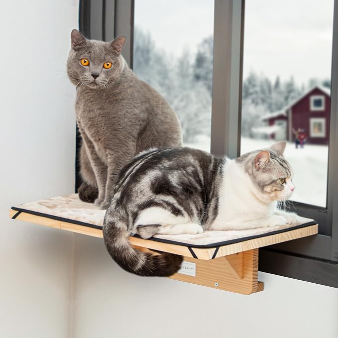 Petsfit 2 Cats Design Cat Window Perch, Natural Wood with Removable Fleece Mat Space Saving Cat Window Seat for Cats - Image 7