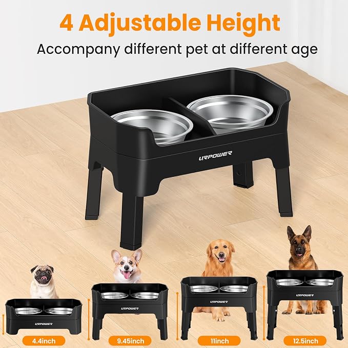 URPOWER Elevated Dog Bowls, 3-in-1 Double Deck Raised Dog Bowl Stand | 4 Height Adjustable Raised Stand with 2 Stainless Steel Food Bowls & Licking Plate for Small, Medium & Large Dogs - Image 3
