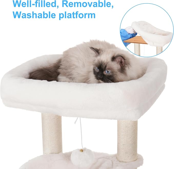 Hey-brother Cat Tree Tower, Wooden Litter Box Enclosure and Condo, MPJ115WB | 61.02 Inches Modern Cat Furniture with Large Platform, Scratching Posts, 2 Hammocks, All-in-one for Indoor Cats, Rustic Brown - Image 4