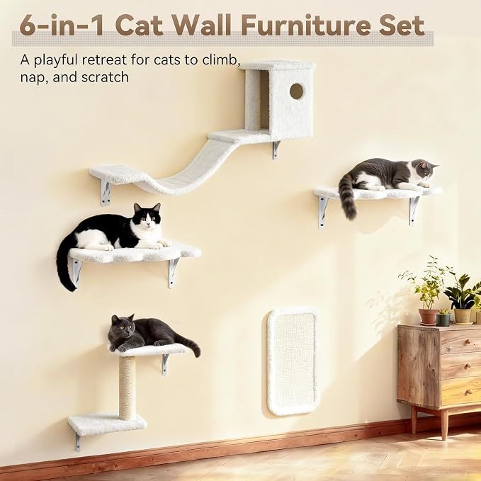 Meecal 6-in-1 Cat Wall Shelves, Wall Mounted Cat Furniture Set, Cat Shelves for Wall with Scratching Posts, Cat Bed & Bridge, Space Saving Cat Climbing Perch for Kittens, White - Image 7