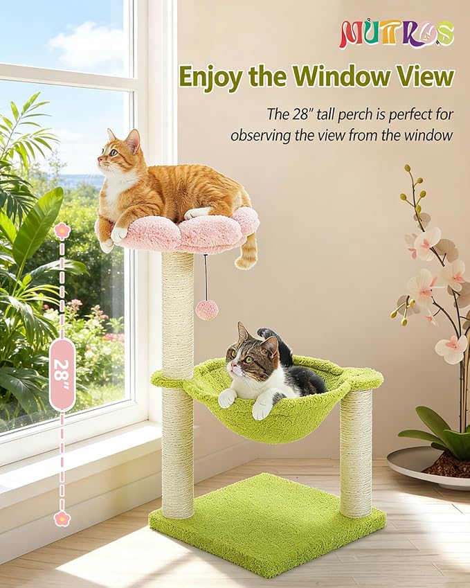 Flower Cat Tree, 28" Cat Tower with Cozy Flower Perch, Large Hammock for Indoor Small Cats, Cute Cat Tree with Sisal Scratching Post and Fur Toy Ball for Kittens, Pink | Plush flower perch, Metal frame hammock, Sisal post, Fluffy toy ball, Thickened st... - Image 2