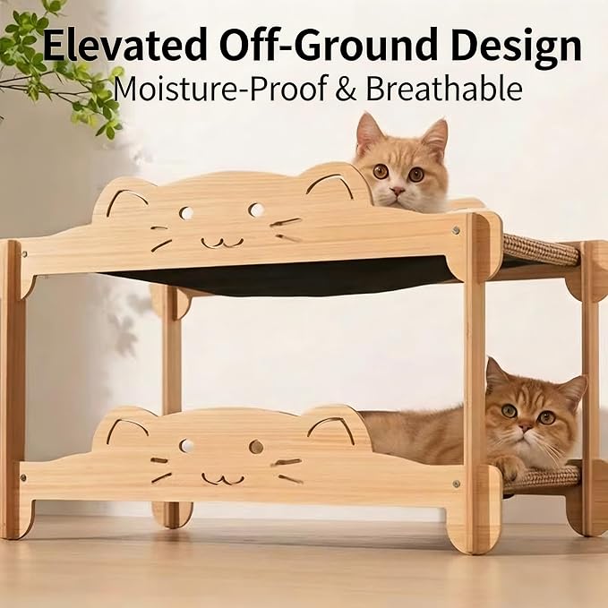 2-Tier Solid Wood Cat Scratcher Bed - Heavy Duty Cat Bunk Bed & Elevated Sisal Hammock for Indoor Cats, Sturdy Anti-Tipping Cat Furniture, Fits Large Cats up to 30+ lbs - Image 4