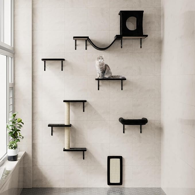 12-in-1 Cat Wall Shelves, Luxury Wall-Mounted Cat Climber Set | with Condos House, Scratching Post, Bridge Ladder, Indoor Space-Saving Furniture for Kittens, Black - Image 8
