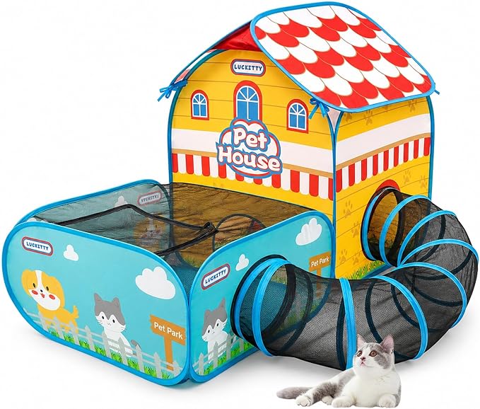 Cute Cartoon Cat Playpen with Tunnel, 3-in-1 Indoor Cat Tent with Separate Rest & Play Zones, Breathable Mesh Covered Top, Foldable Portable Cat Enclosure with Carry Bag by MAKEPETLUCKY-WelcometoCatTunnelClub
