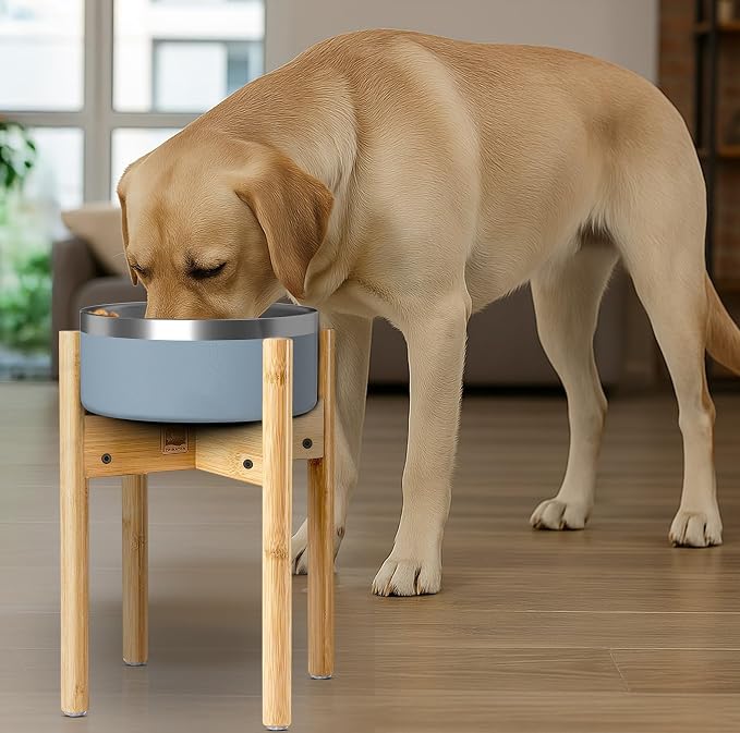 Dog Bowl Stand for Large Dogs - Adjustable, Easy Fold-Down | Use to Elevate Raise Dog Food, Water and Slow Feeder Bowls, Lock-Bolts and Tool Added, Foot-Padded, Bamboo Stand Only - Image 3