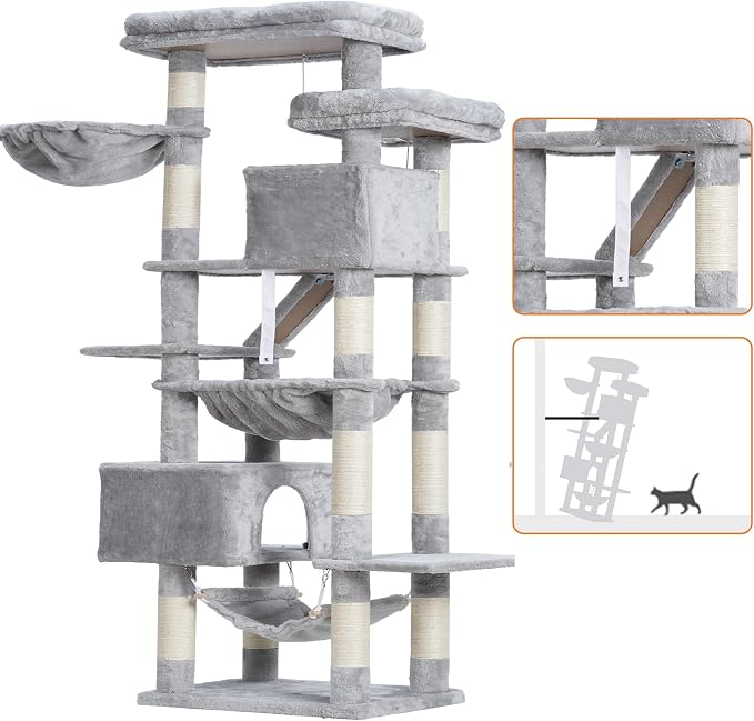 Heybly Cat Tree, 71-Inch-Tall Tower for Indoor Cats with 2 Perches HCT034W | Large Cat Furniture with 2 Big Condos, 2 Hammocks, Basket, Scratching Pad, Multi-Level Cat Condo, Light Gray - Image 6