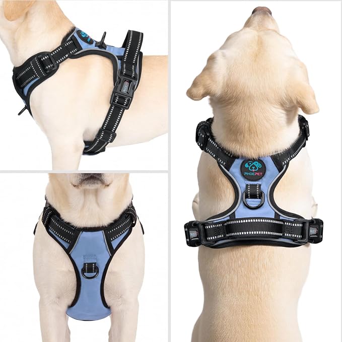 No Pull Dog Harness Reflective Adjustable with 2 Metal Leash Hooks | and Soft Training Handle [Over The Head Design](L, Baby Blue) - Image 2