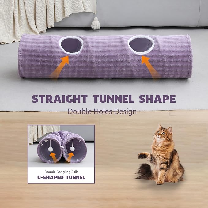 Straight Bubble Cat Tunnel for Indoor Cats 47"x12", Dusty Purple | Cute Cat Toys, Collapsible Tunnel Tube with Hanging Balls for Puppy Kitten Rabbit - Image 5