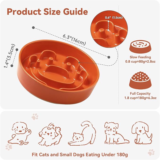 Ceramic Slow Feeder Dog Bowl, 0.8 Cups Anti -Slip Slow Feeding Bowl to Slow Down Eating, 6.3 Inch Dog Food Dish for Small Breeds, Orange - Image 2