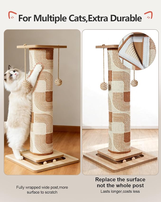 Odoland 31" Tall Large Cat Scratching Post with Replaceable Scratcher Pad | Natural Sisal, Solid Wood Base, Sturdy Durable Replaceable Pad, Interactive Track, Top Perch, Indoor Adult Cats Kitten - Image 4
