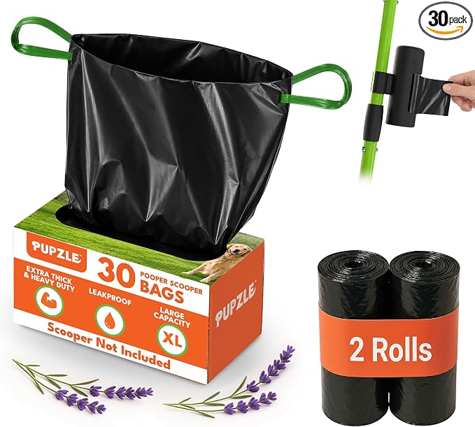 Dog Pooper Scooper with Bag Attachment, 40" Long Handle | Dog Poop Scoop for Yard, Large Capacity Swivel Bin and Rake Pooper Scooper, Lavender Scented Bags for Large Dogs (Black) by Pupzle