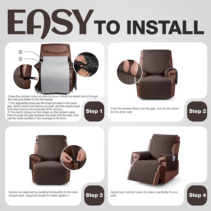 KinCam 100% Waterproof Recliner Chair Covers Washable, 25", Chocolate | Anti Slip Reclining Couch Covers for Pets Dog, Recliner Sofa Slipcover Storage Pocket, Furniture Protector with Elastic Strap - Image 7