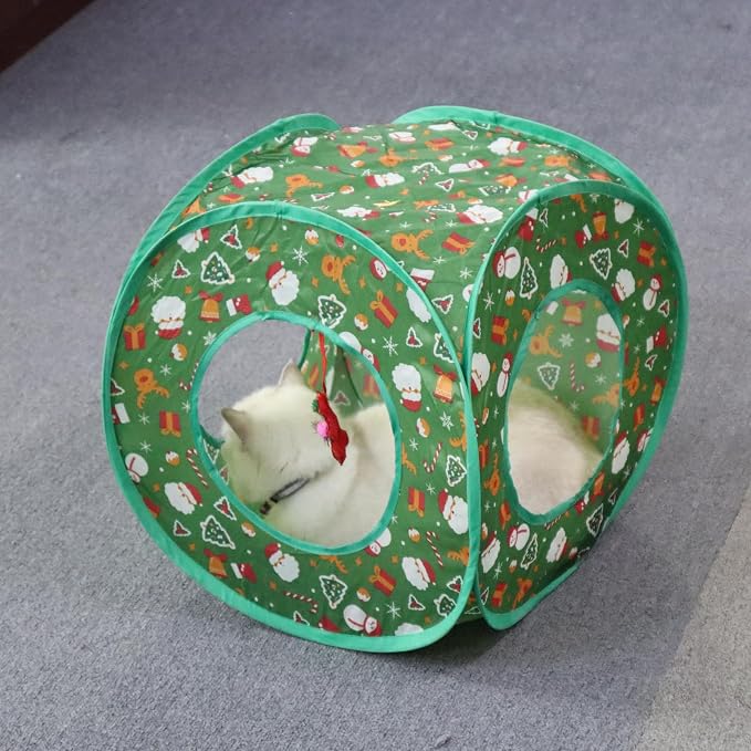 Andiker Cat Tent, 3 Holes Safe and Strong Cute Cats Tunnel Collapsible Easy to Carry Cat House for Indoor Cats Kittens Hiding Playing Training Sleeping (Square Green) - Image 5