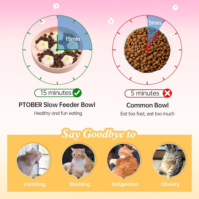 Ceramic Slow Feeder Cat Bowl, 6.3" Whisker Friendly Anti-Vomit, White | Shallow Cat Puzzle Feeder, Slow Eating 3x, Dry & Wet Food, Cute Flower-Shaped Maze, Microwave & Dishwasher Safe, 6.3" X 1.2" - Image 3