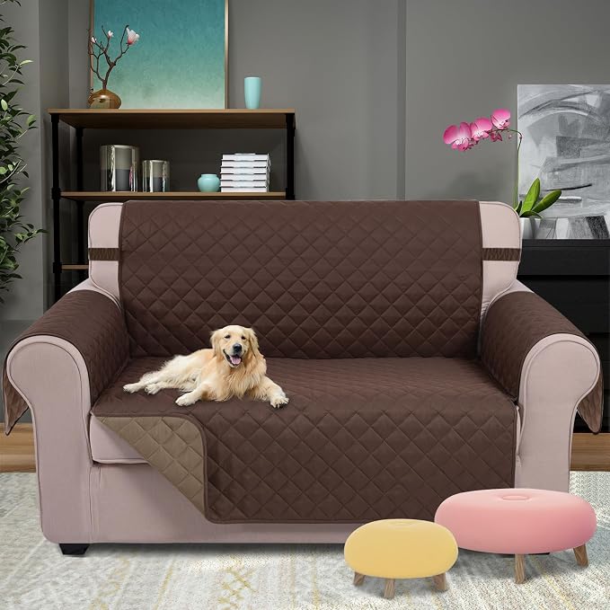U-NICE HOME Loveseat Sofa Cover for 2 Cushion Couch, Chocolate/Taupe | 54''Oversized Loveseat Cover Washable, Pet Friendly, Elastic Straps, Water Repellent, Furniture Protector for 2 Cushion - Image 2