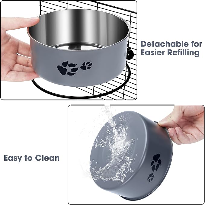 Hanging Dog Bowls for Kennel, 2 Pack Food and Water Bowl, 34oz &25oz | Stainless Steel Attachable Dog Bowls for Crates, No Spill for Medium and Small Sized Dogs (6.2x2.6” & 5.5x2.4”) - Image 7