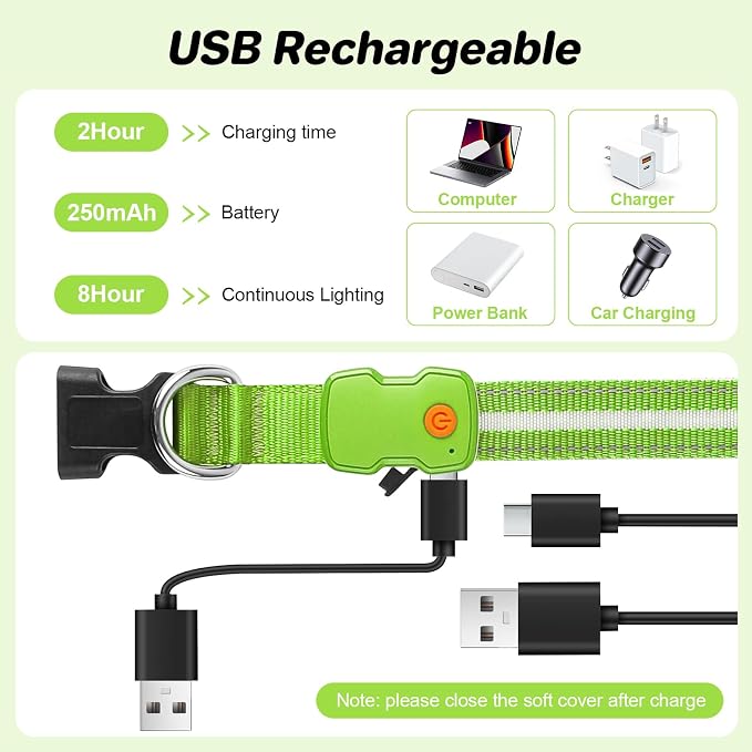 PcEoTllar Light Up Dog Collar, Glow in The Dark for Night Walking, Green, M | Led Dog Collar for Night Walking, 3 Flashing Mode, USB Charge, For Small Medium Large Dogs, Waterproof, Durable Material - Image 5
