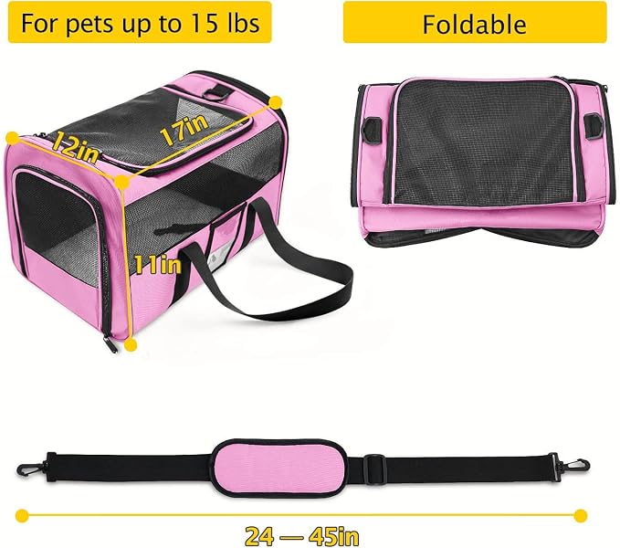Refrze Pet Carrier Airline Approved, Cat Carriers for Medium Small Cats, Soft Dog Carriers for Dogs, TSA Approved Pet Carrier for Cats Dogs of 15 Lbs, Puppy Carrier,Pink - Image 2