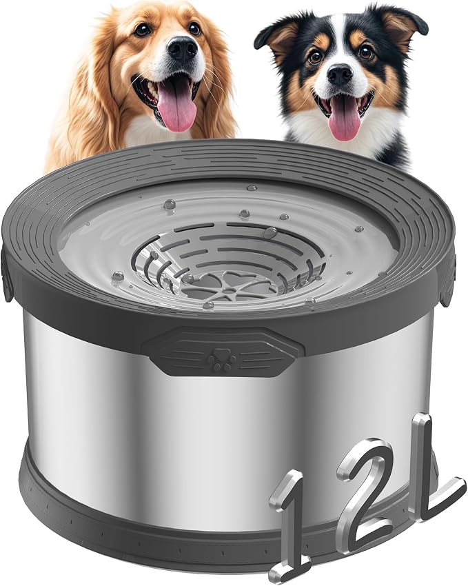 12L Dog Water Bowl No Spill 3.1 Gallon Super Large Capacity Stainless Steel No Splash Dog Bowls 405oz Slow Drinking Feeder with Non-Slip Base Pet Water Dispenser for Dogs by Xetino