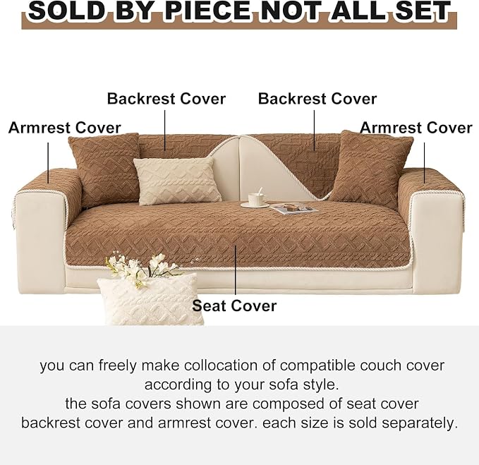 vctops Geometric Jacquard Plush Sofa Couch Covers Farmhouse Neutral Non Slip Sectional Couch Cover Soft Warm Sofa Slipcover for Dogs, Children, Pets Furniture Protector (Coffee,28"x70") - Image 2