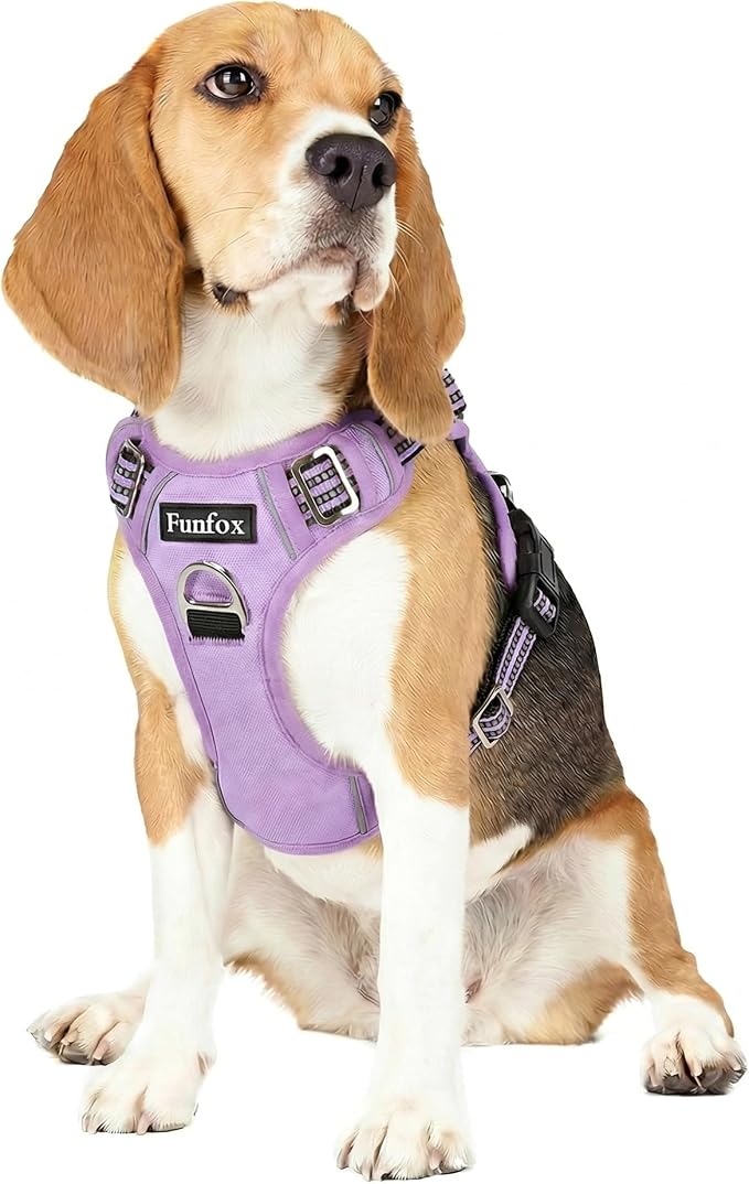 Dog Harness No Pull, Adjustable Pet Vest Harness, Super Soft Material with Vertical Handle Easy Control, Reflective Night Walking, 2 Leash Clips for Medium Sized Dogs, Purple, M by MyFUNFOX