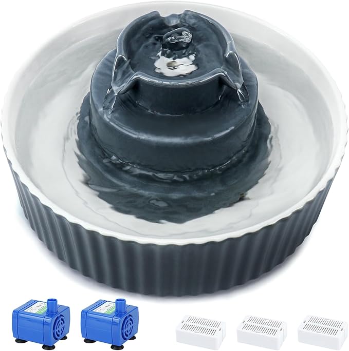 Lawfery Ceramic Cat Water Fountain, 2.1L/71oz Cupcake Pet Fountain | 3 Carbon Filters, 2 Quiet Pumps, Heavy Ceramic Body, and 360° Drinking Area, Drinking Bowl for Indoor Cats and Small Dogs by Lawfery