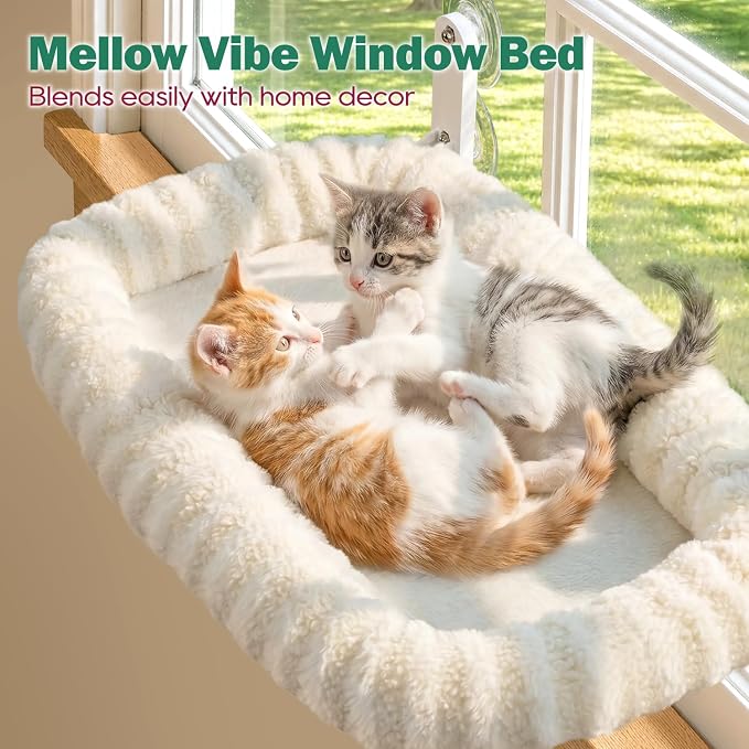 Zakkart Mellow Foldable Cat Window Perch, Upgraded Suction Cups (Beige, M) | Curtain-Friendly, Dual-Fabric Striped Machine Washable Bed, Heavy Duty ABS & Metal Frame, Hold up to 40 lbs., 22.8"W x 15.5"D - Image 2
