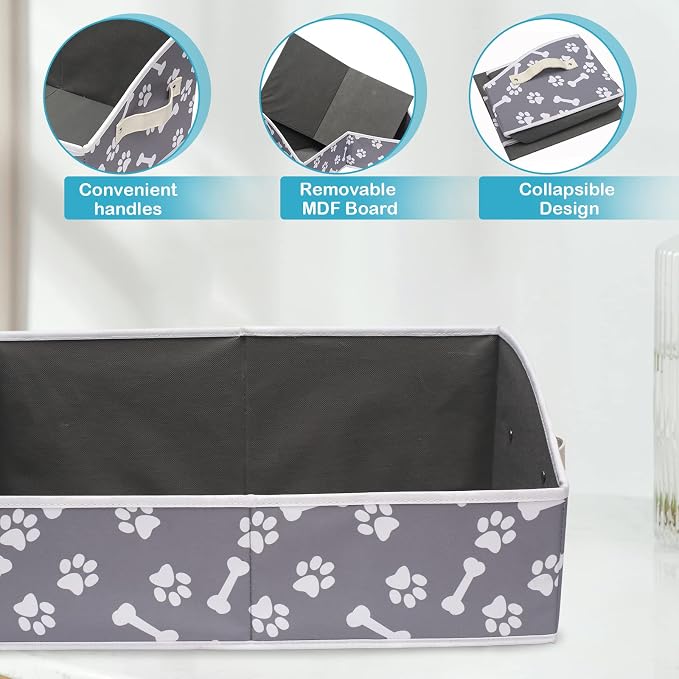 Linen-cotton Blend Dog Toy Organizer Basket - Storage for blankets, leashes, rope toys, clothing - Bone claw pattern - Image 4