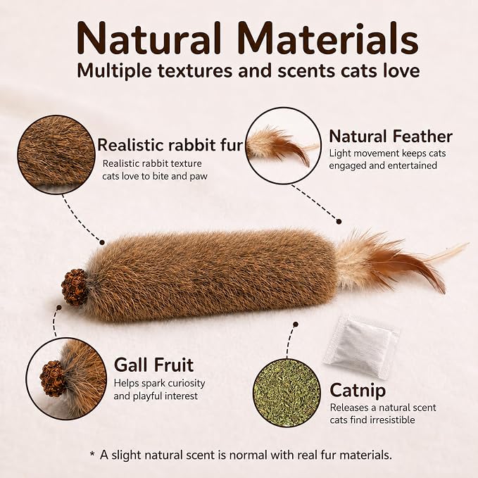 4 Pack Faux Rabbit Fur Catnip Toys with Silvervine Gall Fruit - Silent Interactive Cat Toys with Feathers, Perfect for Chewing and Chasing for Indoor Cats and Kittens - Image 2