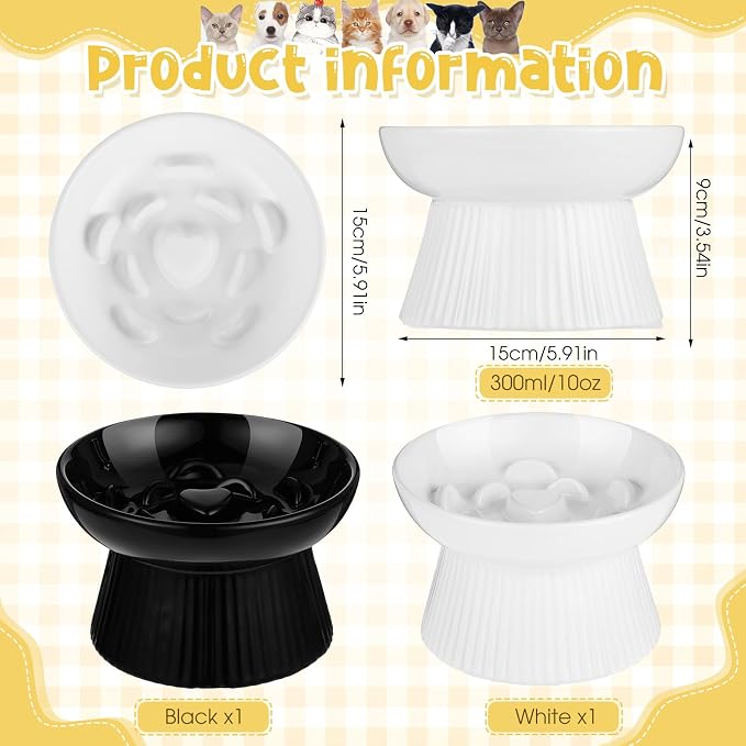Tioncy 2 Pcs Ceramic Elevated Slow Feeder Cat Bowl, Raised Cat Slow Feeder Bowl, Anti Vomiting for Dry and Wet Food, No Spill High Edge Easy Clean Dishwasher Safe (Black,White) - Image 2