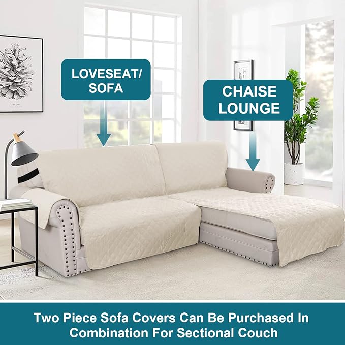 Turquoize 100% Waterproof Sofa Covers Chaise Lounge L Shape Sofa Protector Slip Cover Triple Non-Slip Sofa Slipcover for Sectional Couch Cover for Pets, Kids (Chaise, Ivory) - Image 5