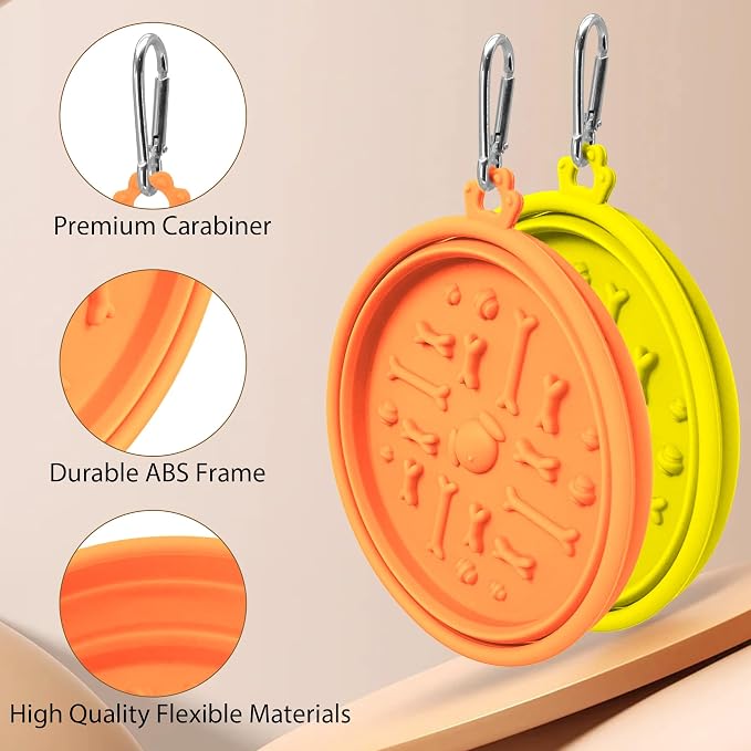 PawSailor 2-Pack Collapsible Dog Bowls with Suction Cups & Scraper - 16oz Travel Pet Bowls for Food/Water, Non-Slip Feeding Dish for Dogs, Includes Carabiner Clip Orange&Yellow - Image 3
