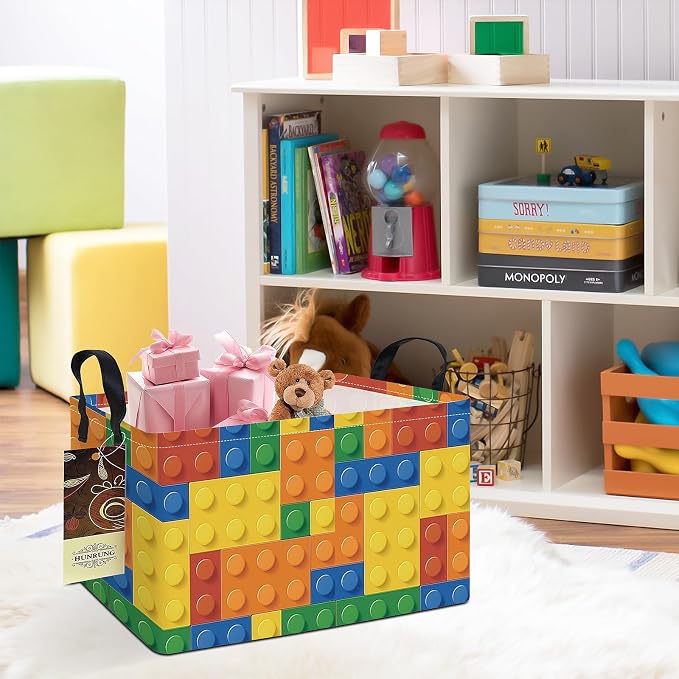 Rectangle Foldable Storage Basket Handles For Home, Colorful Blocks | Waterproof canvas material, reinforced handles, perfect for shelf use, organizes clothes, daily items and pet supplies - Image 6