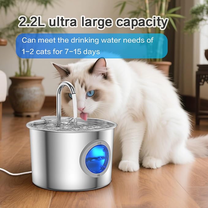 Cat Water Fountain Advanced 304 Stainless Steel 2.2L/74oz with Detachable Tank, Easy to Clean, Automatic Pet Fountain Quiet Cats Water Dispenser, Perfect for Cats Dogs Indoor - Image 8