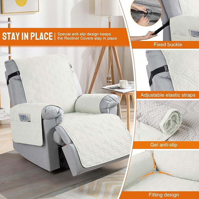 VANSOFY 100% Waterproof Recliner Chair Covers Washable, Off White, 30" | Non-Slip, Slipcover with Pocket, Furniture Protector, Elastic Straps, Chair Cover for Pets, Dogs - Image 3