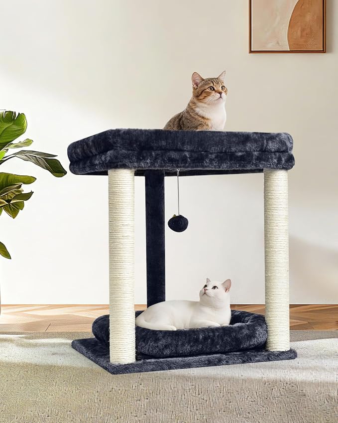 SYANDLVY Small Cat Tree for Indoor Cats with 2 Levels Perch Platforms | Natural Sisal Scratching Post Tower with Hanging Bell Ball & Anti-Tip Strap, Stable Cat Perch Furniture for Kittens, Smoky - Image 6