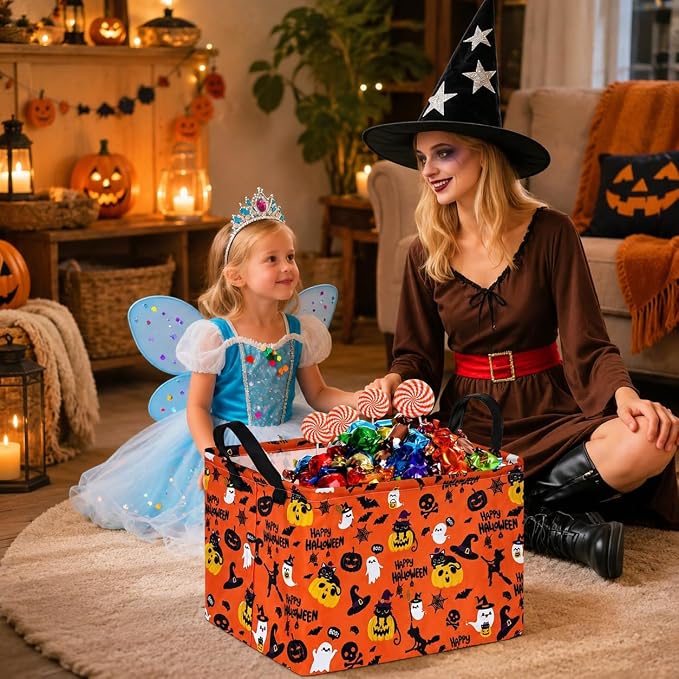 Halloween Pumpkin Ghost Storage Basket, Black Cat Spider Toy Organizer - Image 2