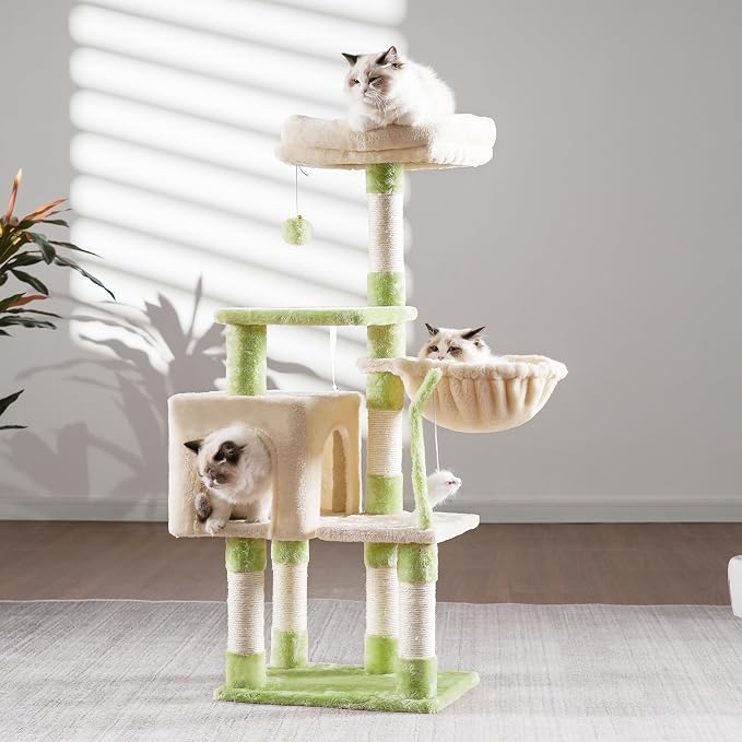 Heybly Cat Tree with Toy, 43.3 inch Cat Tower for Indoor Cats HCT004SGM | Cat Condo with Durable Sisal Scratching Posts, Cat House with Padded Plush Perch, Cozy Hammock, Green and Beige - Image 2