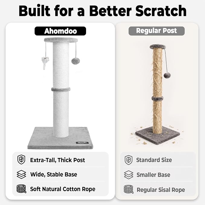34"Tall Cat Scratching Post for Large Cats, Stable Base, Light Gray | Heavy-Duty Cat Scratcher, Extra-Tall Thick Post, Soft Natural Cotton Rope, Hanging Interactive Cat Toys, Indoor Cat Furniture - Image 5